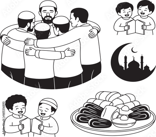 Minimal Islamic Festival Icons – Black and White Vector Set