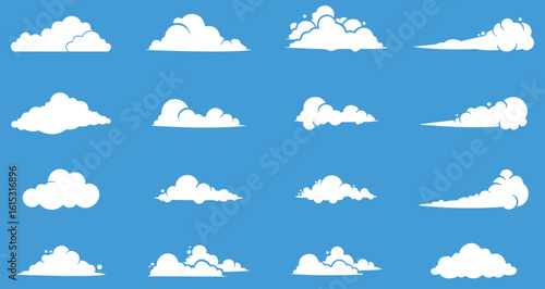 Cloud collection in white background. Set of clouds in different style. Dusty cartoon cloud vector icons. Flat silhouette smoke cloud pack. Vector illustration