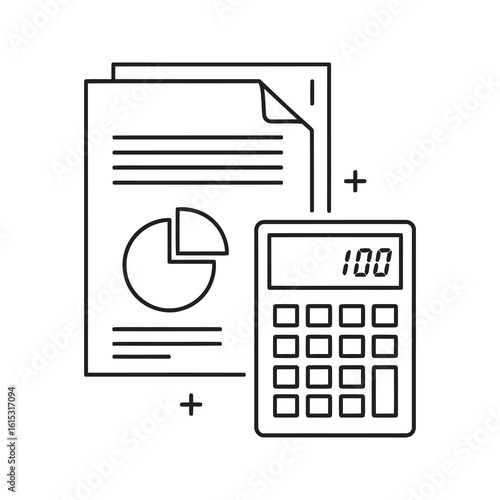 Line icon of a financial report with a pie chart and calculator representing business accounting budget calculation and data analysis for investment planning vector stroke