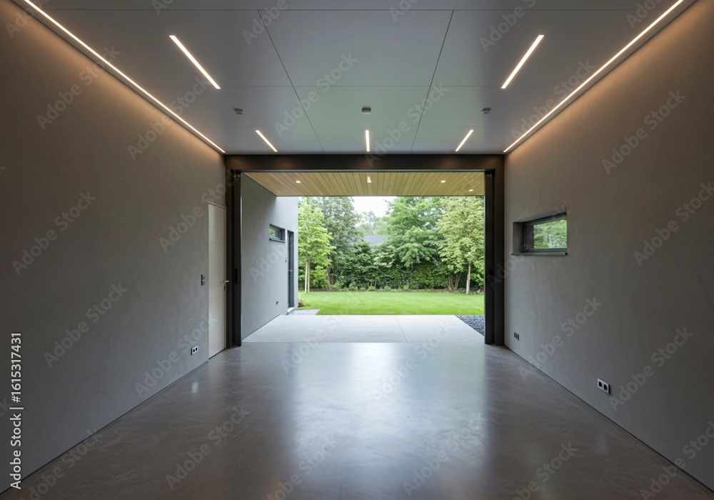 Obraz premium empty corridor in a hotel, Modern garage with sliding door, cool gray paint, light beige walls. Serene driveway, solitary tree, solitary light fixture. Harmonious, tranquil atmosphere in spacious gara