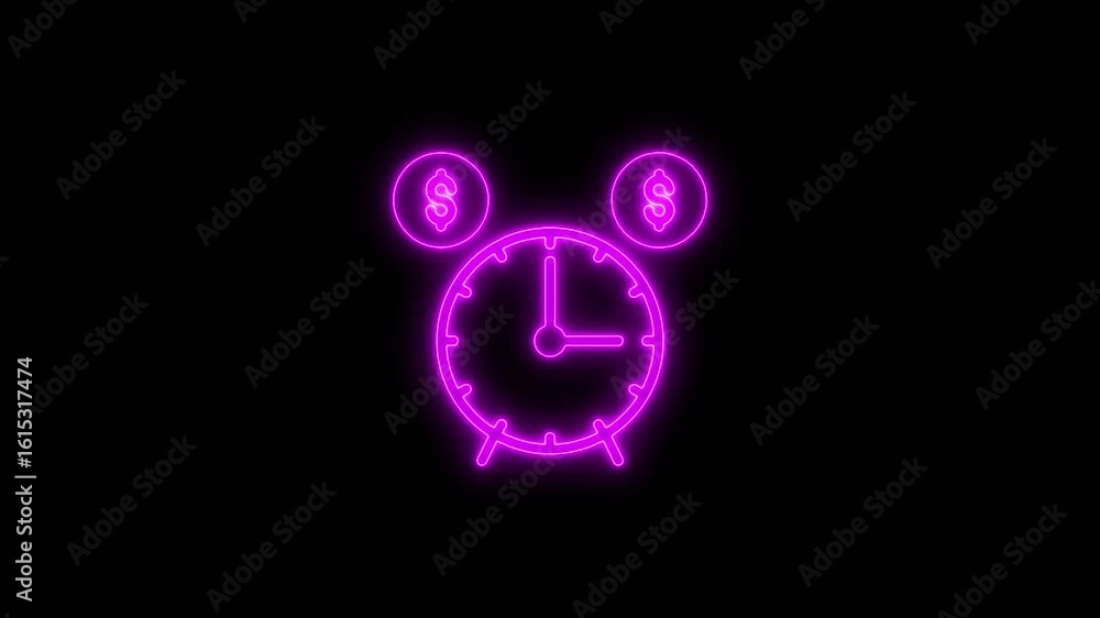 Neon clock with dollar symbols on black background represents time is money concept Neon clock with dollar symbols on black background represents time is money concept
