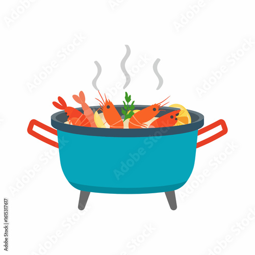 Delicious shrimp boil simmering with lemons and parsley in a colorful blue pot ready to serve