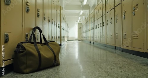 School hallway with locker and bag