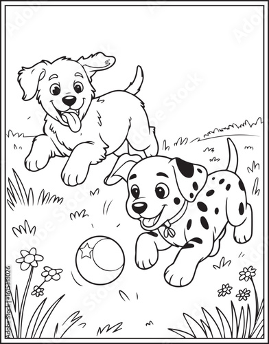Two dog playing ball in the field black vector outline illustration for children coloring page or book design 