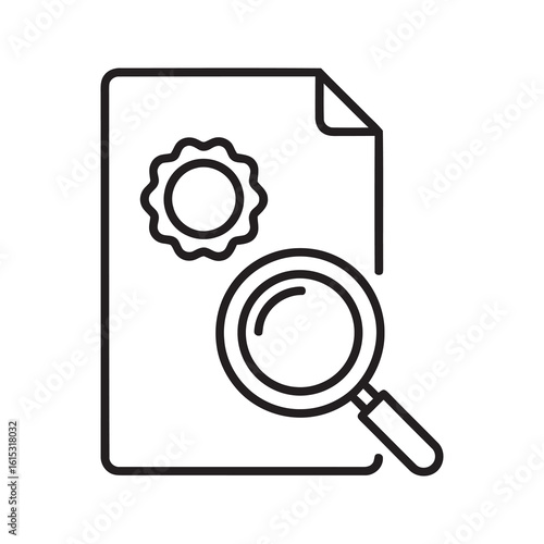 Line icon of a document with a gear and magnifying glass representing technical analysis quality inspection and detailed process audit for research vector stroke