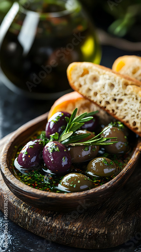 Dark olives, fresh herbs, and toasted bread, a flavorful appetizer.  Bowl of marinated olives garnished with rosemary and herbs, served with slices of crusty bread