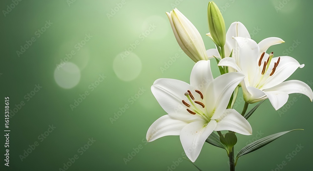 Fototapeta premium Elegant white lilies against a soft green background with bokeh highlights beautiful