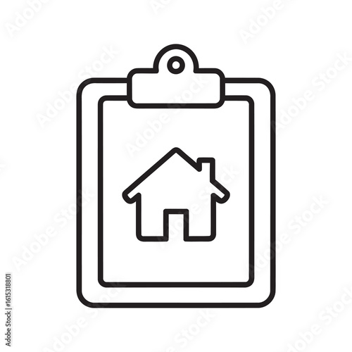 Line icon of a clipboard with a house document representing a home inspection report real estate checklist and property evaluation for mortgage approval vector stroke