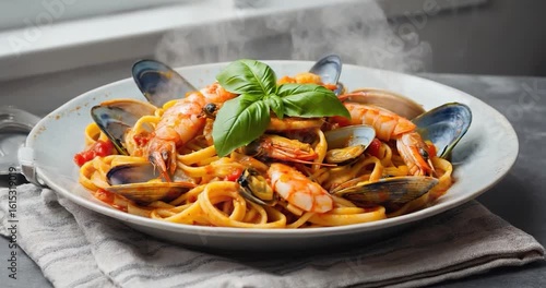 Seafood pasta dish plate restaurant