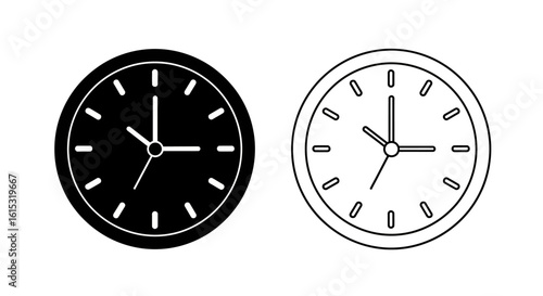 Two minimalist clock icons, one solid black and one outlined, showing time.
