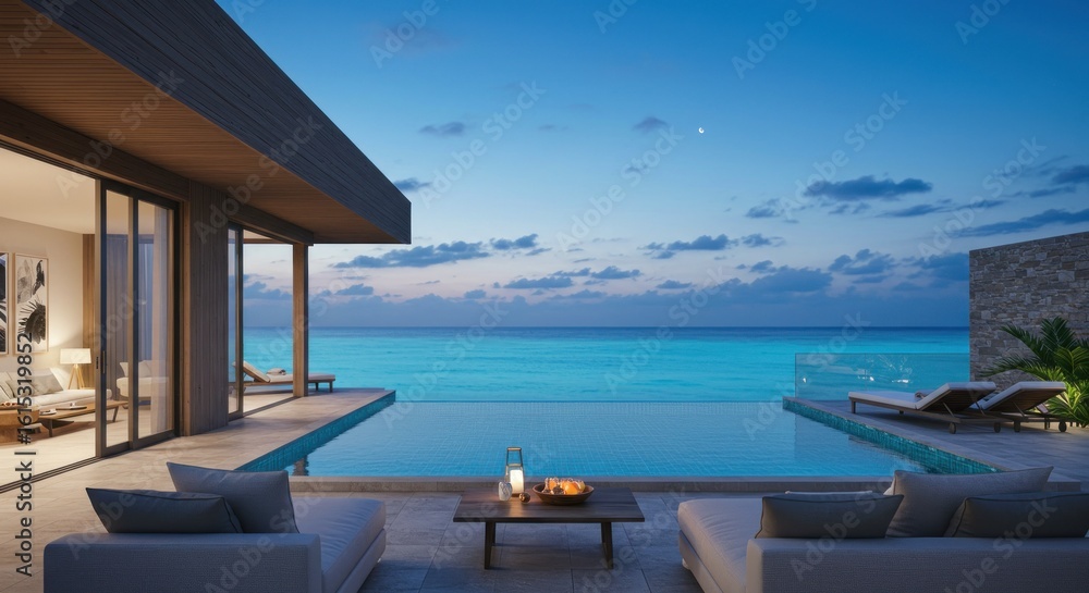 Fototapeta premium Seaside villa with infinity pool overlooks a serene ocean at twilight
