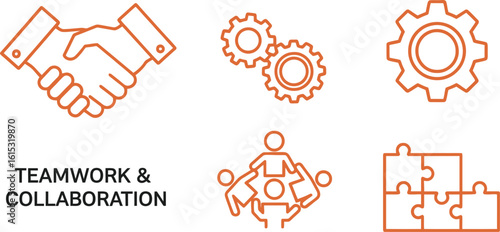 Teamwork collaboration partnership business strategy cooperation success organization concept icon set vector