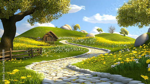 Cartoon idyllic landscape. Winding path through a vibrant meadow. Small wooden cottage nestled in hills