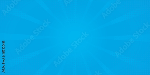Comic background. Pop art texture. Starburst cartoon style. Anime design with explosion effect for print. Blue backdrop with halftone gradient.