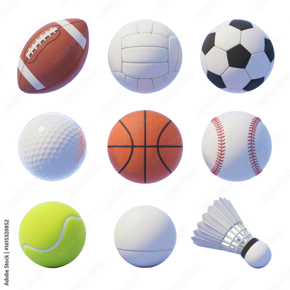 Collection of sports balls and shuttlecock isolated on transparent background Collection of sports balls and shuttlecock isolated on transparent background