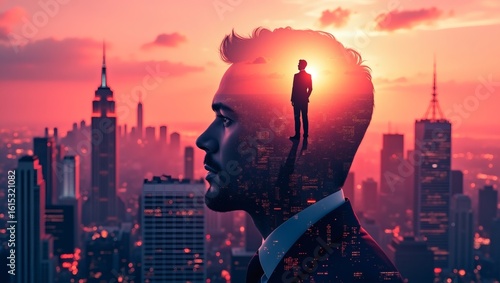 A conceptual image of a person's silhouette inside his head with cityscape in the background