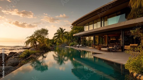 Wallpaper Mural Modern beach house with long pool. Oceanfront luxury villa surrounded by palm trees and beach rocks. Seaside villa reflecting sunset. Pool, house, villa, resort, paradise, beach, ocean, luxury, sea Torontodigital.ca