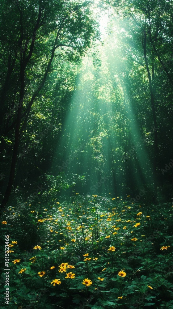 Fototapeta premium Sun Rays Shining Through a Forest with Yellow Flowers