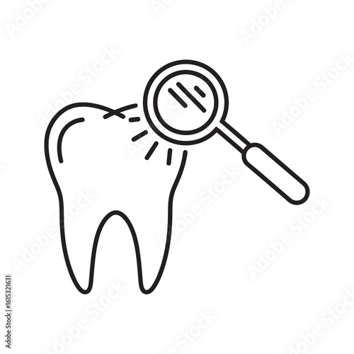 Line icon of a tooth with a dental mirror representing an oral health checkup and stomatology inspection by a dentist in a dentistry clinic vector stroke