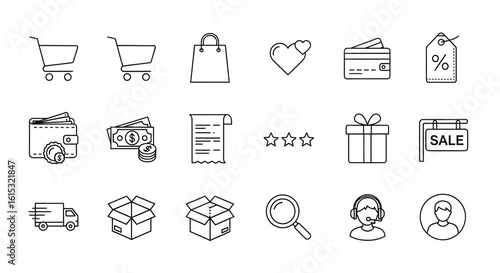 Ecommerce Icons Shopping Carts, Bags, Hearts, Wallets, Bills, Gifts, Packages, Magnifying Glass, and More