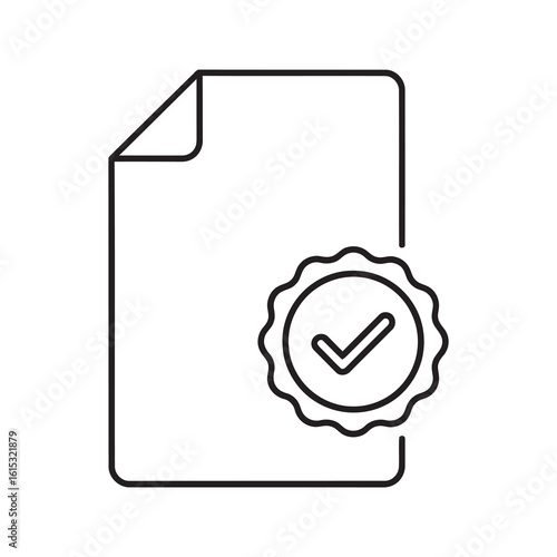 Certified document icon with file and rosette badge representing quality assurance official approval and verified legal agreement line vector stroke