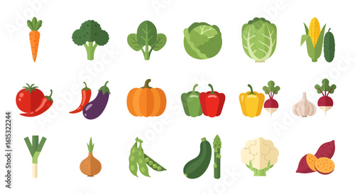 A diverse collection of fresh vegetable icons in a flat style. Healthy food and vegetarian diet concept illustration.