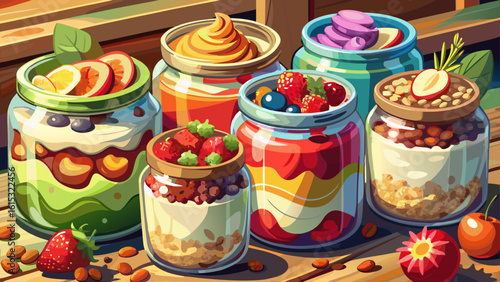 Close-up of healthy breakfast options, yogurt parfaits in clear jars with vibrant fruit layers and granola on a rustic breakfast scene with space for text reveals freshness. Semi-realistic detail brin