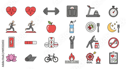 Set of color line icons for health and fitness. Symbols for exercise, nutrition, wellness, and healthy habits.
