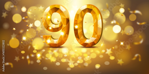 Golden number 90 with a faceted, gem-like appearance, set against a warm, golden background filled with soft bokeh lights and scattered golden stars, creating a festive and celebratory atmosphere.