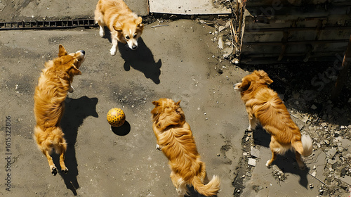 Four golden retrievers play fetch on a rough concrete surface.  Shadows are cast from the dogs