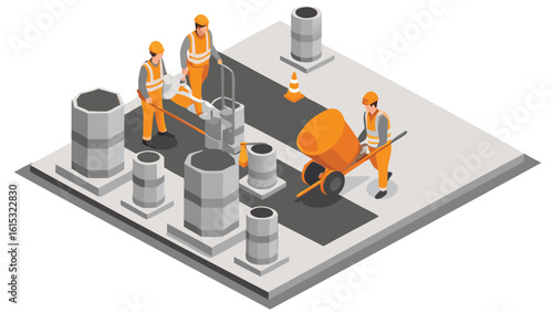Isometric view of construction workers installing concrete pipes on a construction site area with tools