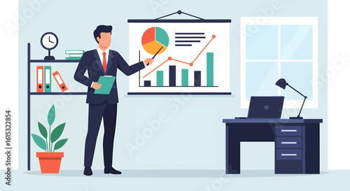 Businessman delivering a corporate presentation on business growth. Professional manager pointing to data analysis charts and graphs in a modern office.