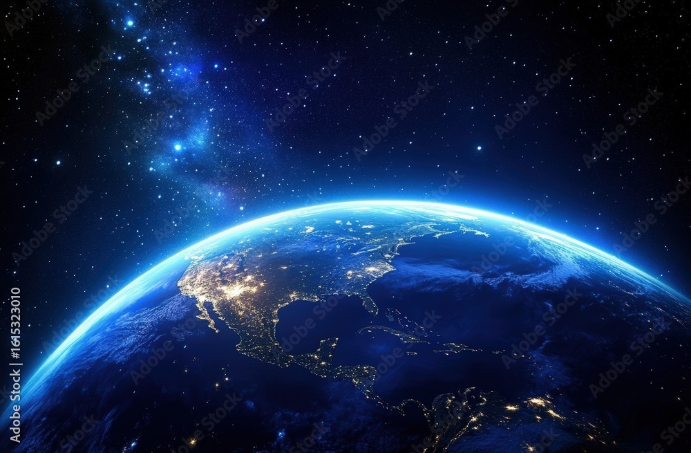 Fototapeta premium A stunning view of Earth from space showing city lights, continents, and a starry cosmic background with a glowing atmospheric edge.