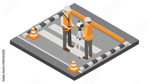 Isometric view of construction workers surveying a road with cones and safety equipment on the crosswalk
