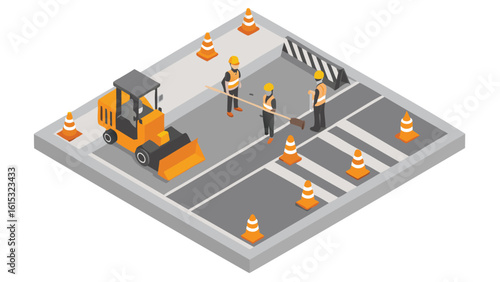 Isometric view of road construction with workers, machinery, and safety cones on a gray surface area