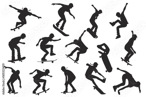 Collection of silhouettes of skateboarders performing tricks and stunts