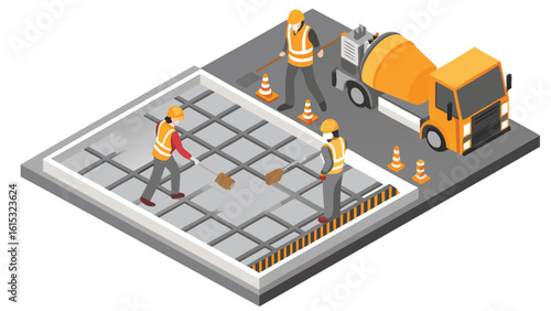 Isometric view of construction workers pouring concrete with a cement truck on a construction site