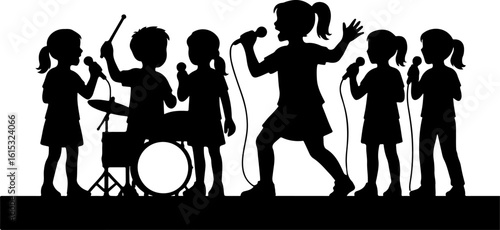 Children s silhouette band performing music together with microphones and drums