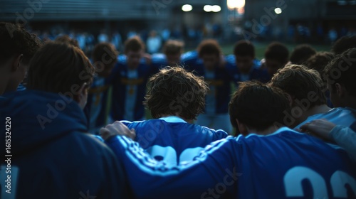 Fototapeta Naklejka Na Ścianę i Meble -  Sports Team Huddling Together In Blue And White Uniforms Displaying Unity And Teamwork