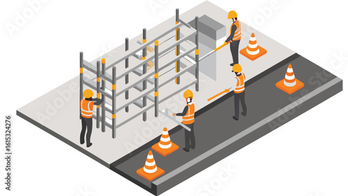 Isometric view of construction workers assembling scaffolding with safety cones and roadwork in progress