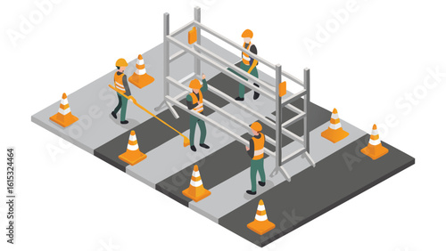 Isometric view of construction workers assembling scaffolding surrounded by traffic cones on a road surface