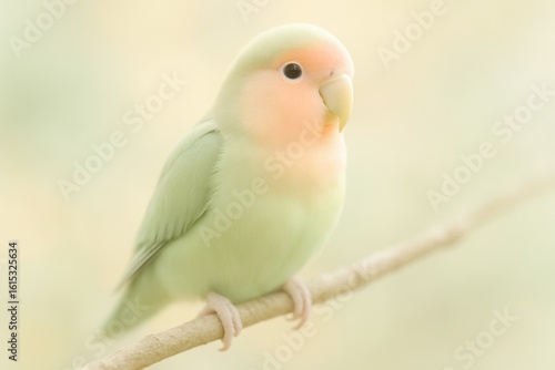 A cute peach-faced lovebird with soft green and pink plumage perches serenely on a delicate branch against a dreamy, out-of-focus background