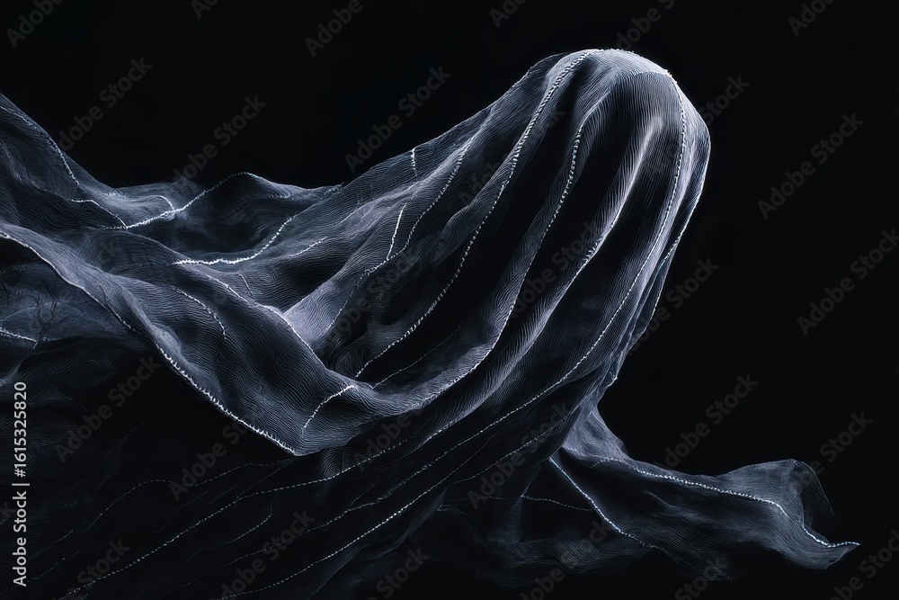 ghost made of hand-woven silk, stitched textures, soft lighting, gothic horror aesthetic, dark background, eerie, flowing black silk, cinematic ghost made of hand-woven silk, stitched textures, soft lighting, gothic horror aesthetic, dark background, eerie, flowing black silk, cinematic