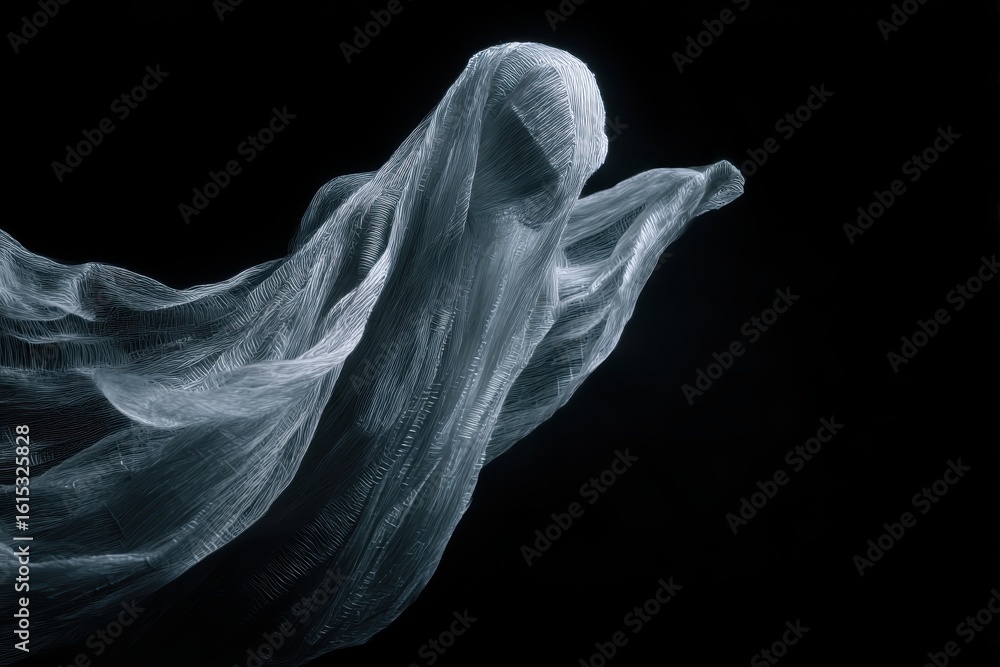 ghost made of hand-woven silk, stitched textures, soft lighting, gothic horror aesthetic, dark background, eerie, flowing black silk, cinematic ghost made of hand-woven silk, stitched textures, soft lighting, gothic horror aesthetic, dark background, eerie, flowing black silk, cinematic