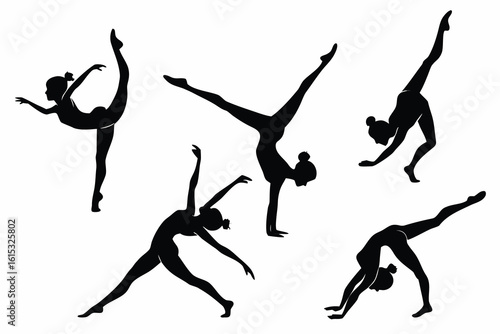 Silhouettes of a female gymnast performing various poses and movements