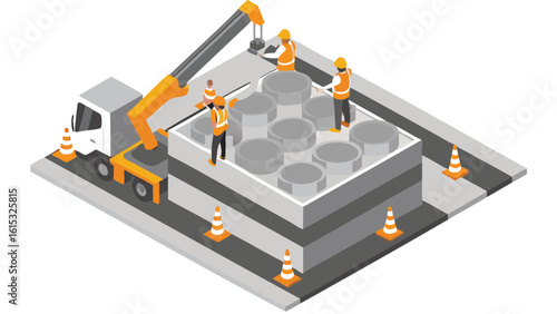 Isometric view of construction site with crane lifting concrete rings and workers on platform area