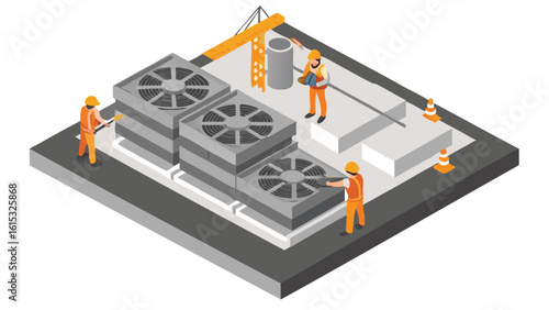 Isometric view of construction workers installing hvac units on a building rooftop with crane present