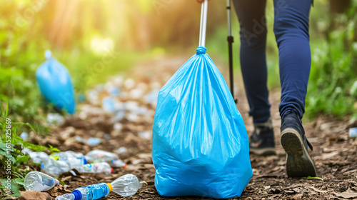 Fototapeta Naklejka Na Ścianę i Meble -  Environmentally conscious person holding blue plastic bag filled with litter and waste materials
