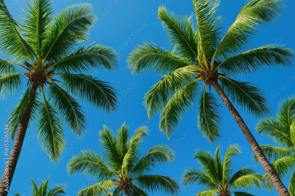 Palm Trees Reach for the Vibrant Blue Sky A Tropical Paradise Scene Palm Trees Reach for the Vibrant Blue Sky A Tropical Paradise Scene