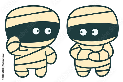 Two cute cartoon mummies with big eyes and bandage wraps, standing side by side with playful expressions, perfect for Halloween decorations